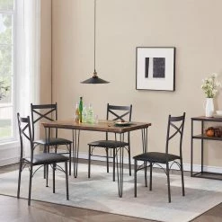 5-Piece Metal and Wood Indoor Modern Rectangular Dining Table Furniture Set 43.3"L, Brown，Breakfast Nook w/4 Chairs by VECELO -Camaflexi Shop brown vecelo kitchen dining tables khd xjm tc04 66 1000