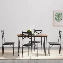 5-Piece Metal and Wood Indoor Modern Rectangular Dining Table Furniture Set 43.3"L, Brown，Breakfast Nook w/4 Chairs by VECELO -Camaflexi Shop brown vecelo kitchen dining tables khd xjm tc04 76 1000