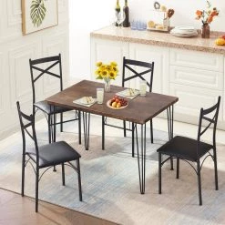 5-Piece Metal and Wood Indoor Modern Rectangular Dining Table Furniture Set 43.3"L, Brown，Breakfast Nook w/4 Chairs by VECELO -Camaflexi Shop brown vecelo kitchen dining tables khd xjm tc04 c3 1000