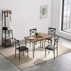 5-Piece Metal and Wood Indoor Modern Rectangular Dining Table Furniture Set 43.3"L, Brown，Breakfast Nook w/4 Chairs by VECELO -Camaflexi Shop brown vecelo kitchen dining tables khd xjm tc04 fa 1000