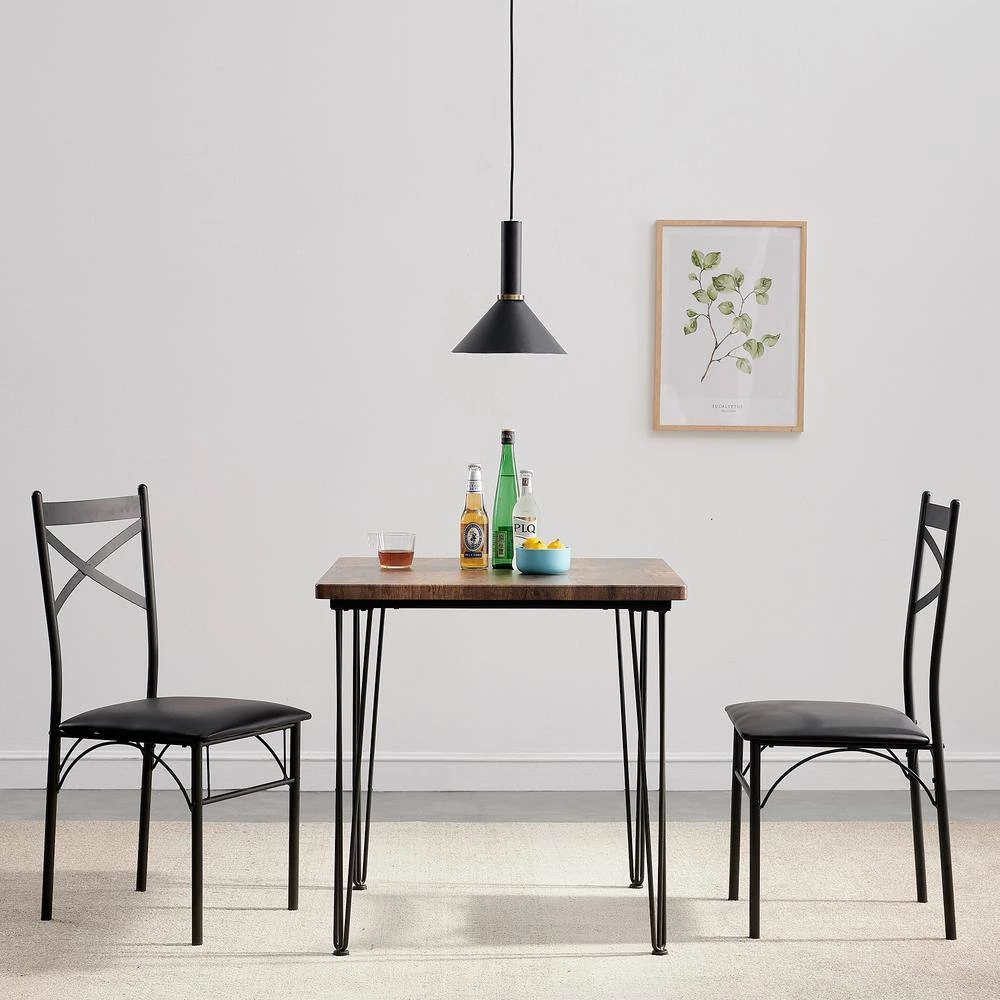 29 in. L Brown 3-Piece Dining Set Modern Dining Table Set Metal and Wood Square Dining Table for Dining Room w/2 Chair by VECELO 4 29 in. L Brown 3-Piece Dining Set Modern Dining Table Set Metal and Wood Square Dining Table for Dining Room w/2 Chair by VECELO - Image 3