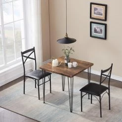 29 in. L Brown 3-Piece Dining Set Modern Dining Table Set Metal and Wood Square Dining Table for Dining Room w/2 Chair by VECELO 19 29 in. L Brown 3-Piece Dining Set Modern Dining Table Set Metal and Wood Square Dining Table for Dining Room w/2 Chair by VECELO -Camaflexi Shop brown vecelo kitchen dining tables khd xjm tc06 1f 1000