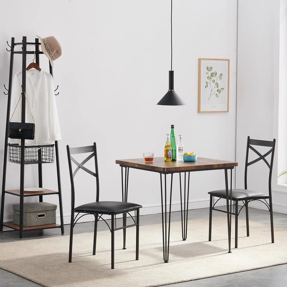 29 in. L Brown 3-Piece Dining Set Modern Dining Table Set Metal and Wood Square Dining Table for Dining Room w/2 Chair by VECELO 5 29 in. L Brown 3-Piece Dining Set Modern Dining Table Set Metal and Wood Square Dining Table for Dining Room w/2 Chair by VECELO - Image 4