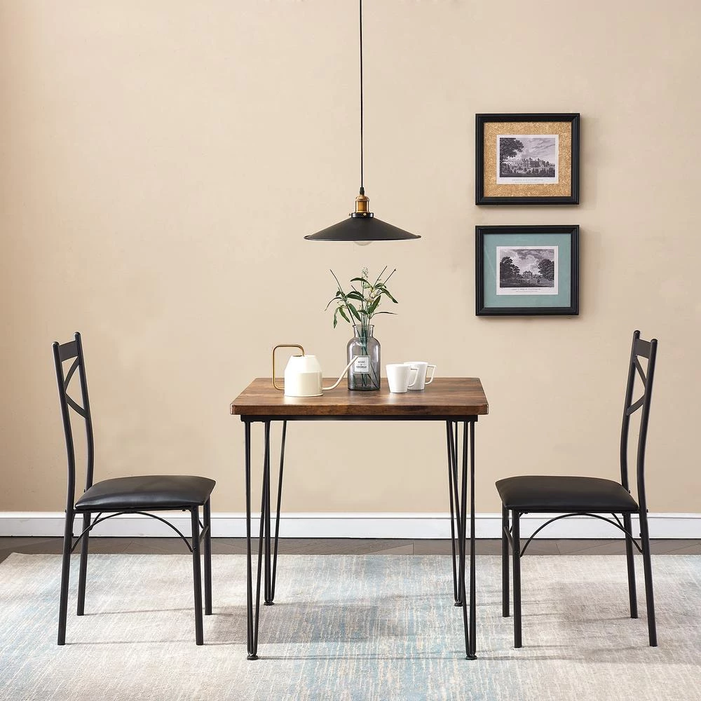 29 in. L Brown 3-Piece Dining Set Modern Dining Table Set Metal and Wood Square Dining Table for Dining Room w/2 Chair by VECELO 11 29 in. L Brown 3-Piece Dining Set Modern Dining Table Set Metal and Wood Square Dining Table for Dining Room w/2 Chair by VECELO - Image 10