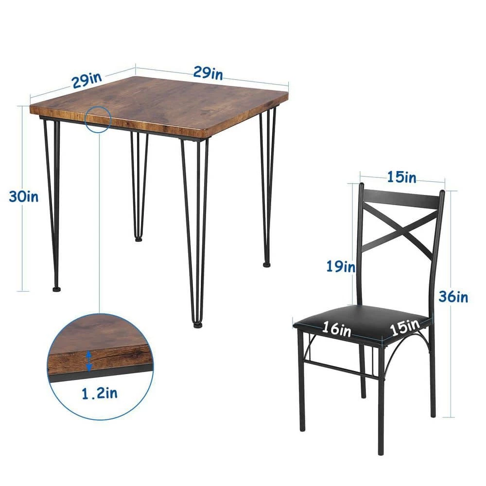 29 in. L Brown 3-Piece Dining Set Modern Dining Table Set Metal and Wood Square Dining Table for Dining Room w/2 Chair by VECELO 6 29 in. L Brown 3-Piece Dining Set Modern Dining Table Set Metal and Wood Square Dining Table for Dining Room w/2 Chair by VECELO - Image 5