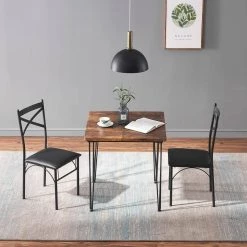 29 in. L Brown 3-Piece Dining Set Modern Dining Table Set Metal and Wood Square Dining Table for Dining Room w/2 Chair by VECELO 23 29 in. L Brown 3-Piece Dining Set Modern Dining Table Set Metal and Wood Square Dining Table for Dining Room w/2 Chair by VECELO -Camaflexi Shop brown vecelo kitchen dining tables khd xjm tc06 d4 1000