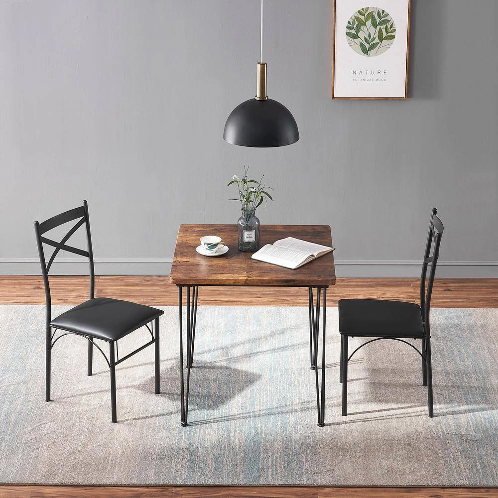 29 in. L Brown 3-Piece Dining Set Modern Dining Table Set Metal and Wood Square Dining Table for Dining Room w/2 Chair by VECELO 12 29 in. L Brown 3-Piece Dining Set Modern Dining Table Set Metal and Wood Square Dining Table for Dining Room w/2 Chair by VECELO - Image 11