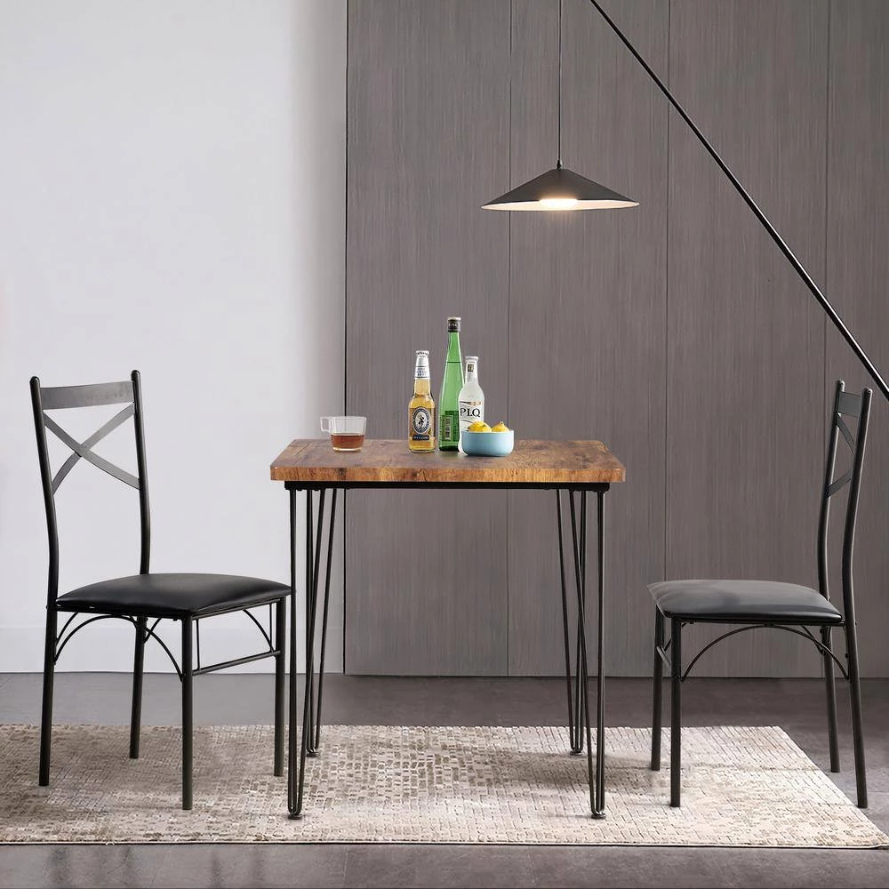 29 in. L Brown 3-Piece Dining Set Modern Dining Table Set Metal and Wood Square Dining Table for Dining Room w/2 Chair by VECELO 3 29 in. L Brown 3-Piece Dining Set Modern Dining Table Set Metal and Wood Square Dining Table for Dining Room w/2 Chair by VECELO - Image 2