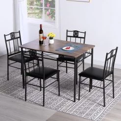 5-Piece Dining Table Set Wooden Kitchen Table 1 Table 4 Chairs Metal Legs, Rectangular Dining Table Sets，42.1"L, Brown by VECELO -Camaflexi Shop brown vecelo kitchen dining tables khd xjm tc07 40 1000