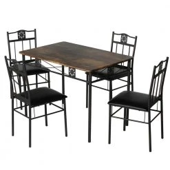 5-Piece Dining Table Set Wooden Kitchen Table 1 Table 4 Chairs Metal Legs, Rectangular Dining Table Sets，42.1"L, Brown by VECELO
