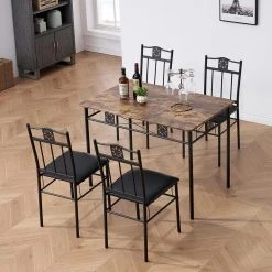 5-Piece Dining Table Set Wooden Kitchen Table 1 Table 4 Chairs Metal Legs, Rectangular Dining Table Sets，42.1"L, Brown by VECELO -Camaflexi Shop brown vecelo kitchen dining tables khd xjm tc07 66 1000