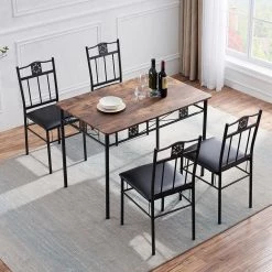 5-Piece Dining Table Set Wooden Kitchen Table 1 Table 4 Chairs Metal Legs, Rectangular Dining Table Sets，42.1"L, Brown by VECELO -Camaflexi Shop brown vecelo kitchen dining tables khd xjm tc07 c3 1000