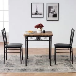Brown 3-Piece Dining Set Modern Dining Table Set, Metal and Wood Square Dining Table w/2 Chairs - Brown，27.5"L by VECELO -Camaflexi Shop brown vecelo kitchen dining tables khd xjm tc07a 4f 1000