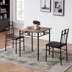Brown 3-Piece Dining Set Modern Dining Table Set, Metal and Wood Square Dining Table w/2 Chairs - Brown，27.5"L by VECELO -Camaflexi Shop brown vecelo kitchen dining tables khd xjm tc07a c3 1000
