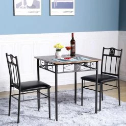 Brown 3-Piece Dining Set Modern Dining Table Set, Metal and Wood Square Dining Table w/2 Chairs - Brown，27.5"L by VECELO -Camaflexi Shop brown vecelo kitchen dining tables khd xjm tc07a fa 1000