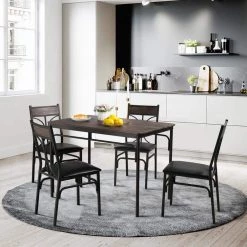 42 in. L 5-Piece Dining Table 1-Kitchen Table and 4-Chairs Metal and Wood Rectangular Brown Dining Room Table (Set of 4) by VECELO -Camaflexi Shop brown vecelo kitchen dining tables khd xjm tc08 1f 1000