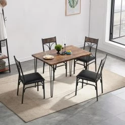 42 in. L 5-Piece Dining Table 1-Kitchen Table and 4-Chairs Metal and Wood Rectangular Brown Dining Room Table (Set of 4) by VECELO -Camaflexi Shop brown vecelo kitchen dining tables khd xjm tc08 31 1000