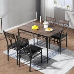 42 in. L 5-Piece Dining Table 1-Kitchen Table and 4-Chairs Metal and Wood Rectangular Brown Dining Room Table (Set of 4) by VECELO -Camaflexi Shop brown vecelo kitchen dining tables khd xjm tc08 44 1000