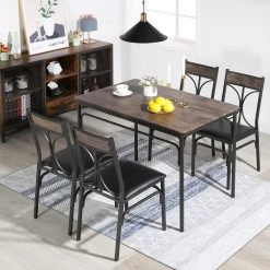 42 in. L 5-Piece Dining Table 1-Kitchen Table and 4-Chairs Metal and Wood Rectangular Brown Dining Room Table (Set of 4) by VECELO -Camaflexi Shop brown vecelo kitchen dining tables khd xjm tc08 c3 1000