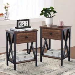 Nightstands X-Design Side End Table Night Stand Storage Shelf with Drawer 11.8Wx 15.8L x 21.7H Retro Brown，2 PCS by VECELO -Camaflexi Shop brown vecelo nightstands khd dc ns01 brown a2 1f 1000