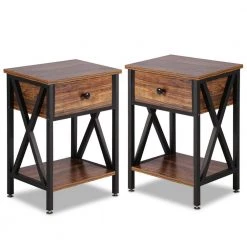 Nightstands X-Design Side End Table Night Stand Storage Shelf with Drawer 11.8Wx 15.8L x 21.7H Retro Brown，2 PCS by VECELO