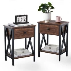 Nightstands X-Design Side End Table Night Stand Storage Shelf with Drawer 11.8Wx 15.8L x 21.7H Retro Brown，2 PCS by VECELO -Camaflexi Shop brown vecelo nightstands khd dc ns01 brown a2 76 1000
