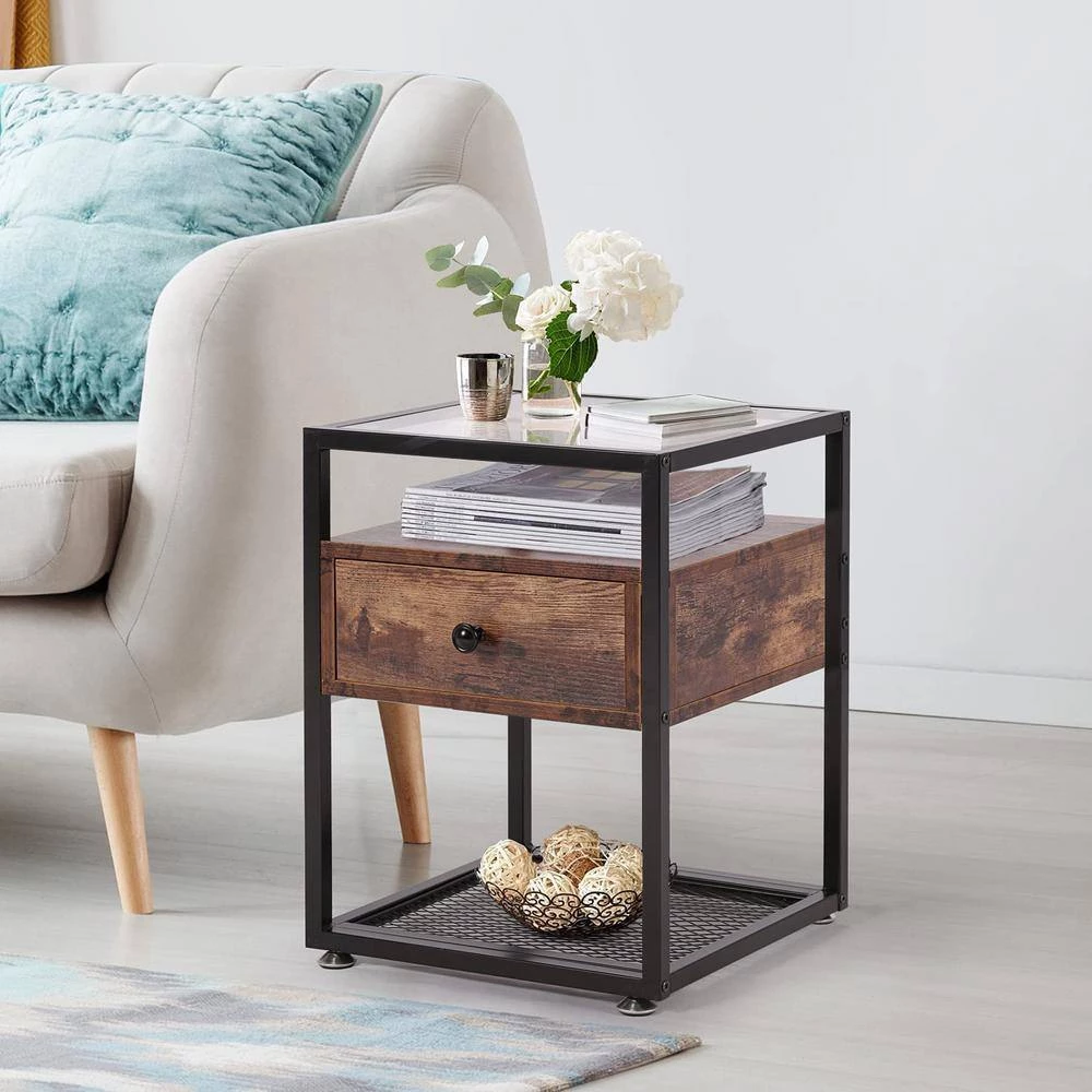 Tempered Glass Side Table, Nightstand, with Drawer and Shelf, Decoration in Living Room, 21.7" X 15.7" X 15.7",Brown by VECELO 9 Tempered Glass Side Table, Nightstand, with Drawer and Shelf, Decoration in Living Room, 21.7" X 15.7" X 15.7",Brown by VECELO - Image 7