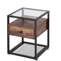 Tempered Glass Side Table, Nightstand, with Drawer and Shelf, Decoration in Living Room, 21.7" X 15.7" X 15.7"，Brown by VECELO