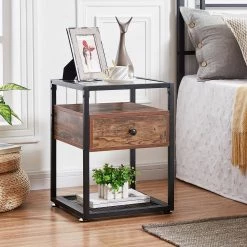 Tempered Glass Side Table, Nightstand, with Drawer and Shelf, Decoration in Living Room, 21.7" X 15.7" X 15.7",Brown by VECELO 12 Tempered Glass Side Table, Nightstand, with Drawer and Shelf, Decoration in Living Room, 21.7" X 15.7" X 15.7",Brown by VECELO -Camaflexi Shop brown vecelo nightstands khd dx ns02 c3 1000