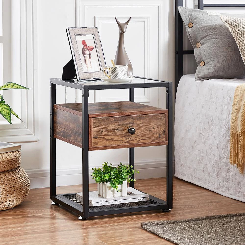 Tempered Glass Side Table, Nightstand, with Drawer and Shelf, Decoration in Living Room, 21.7" X 15.7" X 15.7",Brown by VECELO 6 Tempered Glass Side Table, Nightstand, with Drawer and Shelf, Decoration in Living Room, 21.7" X 15.7" X 15.7",Brown by VECELO - Image 4