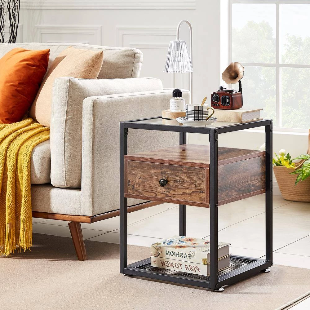 Tempered Glass Side Table, Nightstand, with Drawer and Shelf, Decoration in Living Room, 21.7" X 15.7" X 15.7",Brown by VECELO 4 Tempered Glass Side Table, Nightstand, with Drawer and Shelf, Decoration in Living Room, 21.7" X 15.7" X 15.7",Brown by VECELO - Image 2
