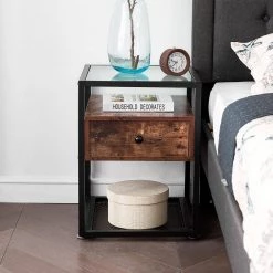 Tempered Glass Side Table, Nightstand, with Drawer and Shelf, Decoration in Living Room, 21.7" X 15.7" X 15.7",Brown by VECELO 14 Tempered Glass Side Table, Nightstand, with Drawer and Shelf, Decoration in Living Room, 21.7" X 15.7" X 15.7",Brown by VECELO -Camaflexi Shop brown vecelo nightstands khd dx ns02 fa 1000