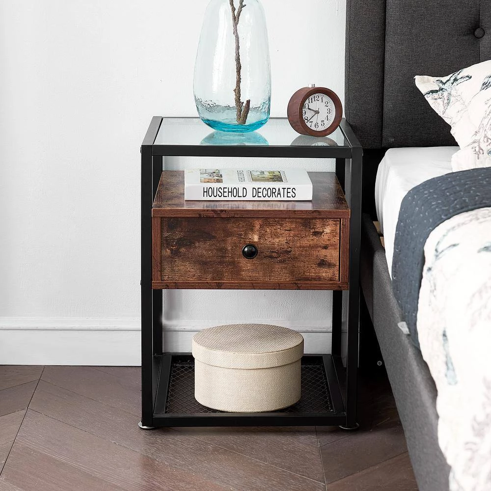 Tempered Glass Side Table, Nightstand, with Drawer and Shelf, Decoration in Living Room, 21.7" X 15.7" X 15.7",Brown by VECELO 8 Tempered Glass Side Table, Nightstand, with Drawer and Shelf, Decoration in Living Room, 21.7" X 15.7" X 15.7",Brown by VECELO - Image 6