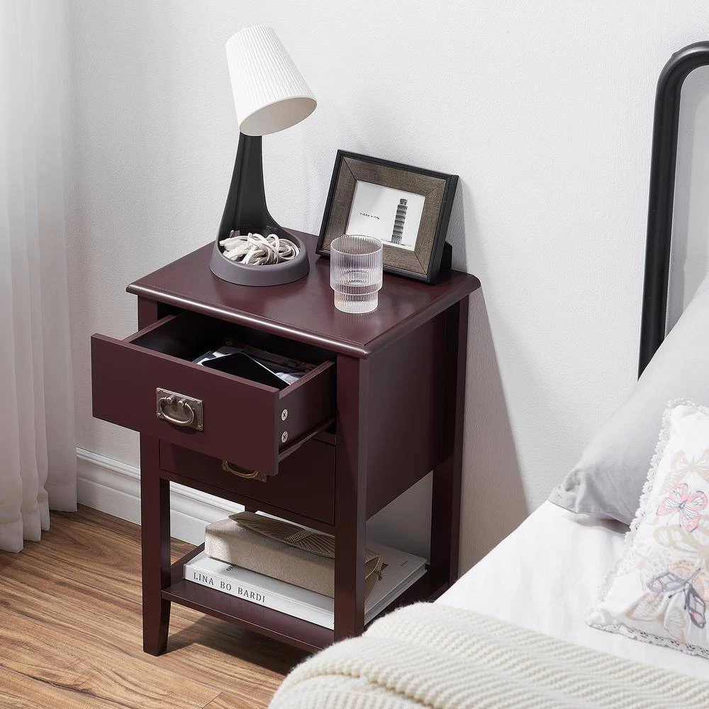 Nightstand with 2 Drawers and Open Shelf, Industrial Square End Table for Storage, 23.6"H X 11.8"W X 15.7"L,Brown by VECELO 11 Nightstand with 2 Drawers and Open Shelf, Industrial Square End Table for Storage, 23.6"H X 11.8"W X 15.7"L,Brown by VECELO - Image 9