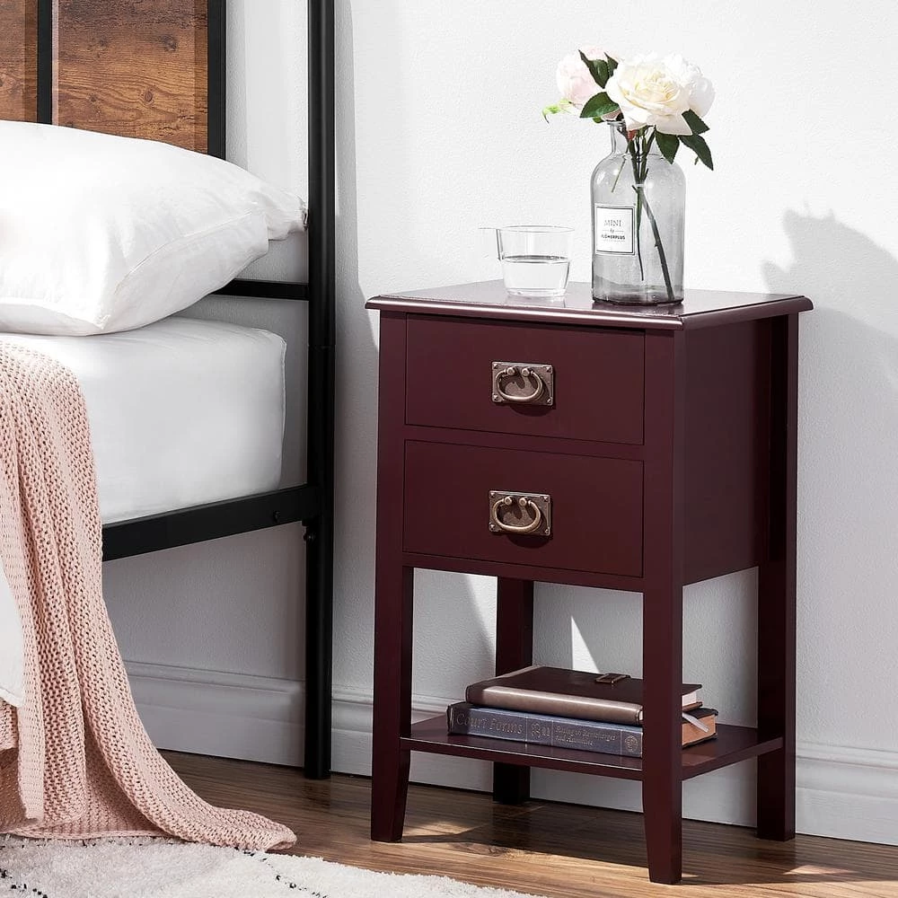 Nightstand with 2 Drawers and Open Shelf, Industrial Square End Table for Storage, 23.6"H X 11.8"W X 15.7"L,Brown by VECELO 4 Nightstand with 2 Drawers and Open Shelf, Industrial Square End Table for Storage, 23.6"H X 11.8"W X 15.7"L,Brown by VECELO - Image 2