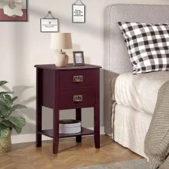 Nightstand with 2 Drawers and Open Shelf, Industrial Square End Table for Storage, 23.6"H X 11.8"W X 15.7"L,Brown by VECELO 18 Nightstand with 2 Drawers and Open Shelf, Industrial Square End Table for Storage, 23.6"H X 11.8"W X 15.7"L,Brown by VECELO -Camaflexi Shop brown vecelo nightstands khd hd ns14 rbn fa 1000