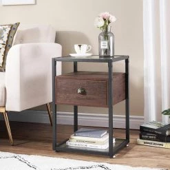 Nightstand Bedside Table Living Room Sofa End Table Transparent Glass Table Top, Brown, 23.6"Tx13.8"Wx15.7"L by VECELO -Camaflexi Shop brown vecelo nightstands khd jyx ns07 brn 44 1000