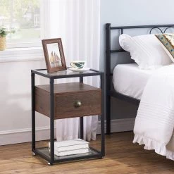 Nightstand Bedside Table Living Room Sofa End Table Transparent Glass Table Top, Brown, 23.6"Tx13.8"Wx15.7"L by VECELO -Camaflexi Shop brown vecelo nightstands khd jyx ns07 brn 66 1000