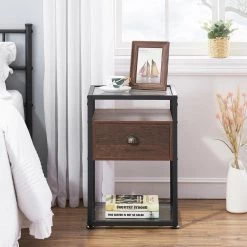 Nightstand Bedside Table Living Room Sofa End Table Transparent Glass Table Top, Brown, 23.6"Tx13.8"Wx15.7"L by VECELO -Camaflexi Shop brown vecelo nightstands khd jyx ns07 brn c3 1000