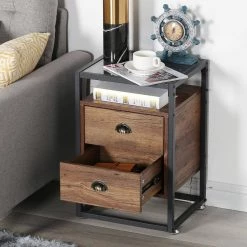 Nightstand, Modern Tempered Glass End Table, Cabinet with Drawers and Rustic Shelf, Brown,23.6"Tx13.8"Wx15.7"L by VECELO -Camaflexi Shop brown vecelo nightstands khd jyx ns08 brn 1f 1000