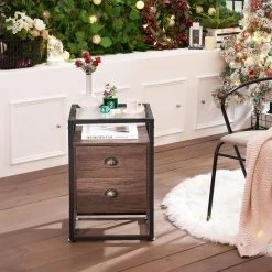 Nightstand, Modern Tempered Glass End Table, Cabinet with Drawers and Rustic Shelf, Brown,23.6"Tx13.8"Wx15.7"L by VECELO -Camaflexi Shop brown vecelo nightstands khd jyx ns08 brn 31 1000