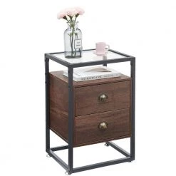 Nightstand, Modern Tempered Glass End Table, Cabinet with Drawers and Rustic Shelf, Brown,23.6"Tx13.8"Wx15.7"L by VECELO -Camaflexi Shop brown vecelo nightstands khd jyx ns08 brn 40 1000