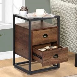 Nightstand, Modern Tempered Glass End Table, Cabinet with Drawers and Rustic Shelf, Brown,23.6"Tx13.8"Wx15.7"L by VECELO -Camaflexi Shop brown vecelo nightstands khd jyx ns08 brn 44 1000