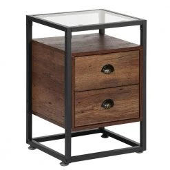 Nightstand, Modern Tempered Glass End Table, Cabinet with Drawers and Rustic Shelf, Brown,23.6"Tx13.8"Wx15.7"L by VECELO