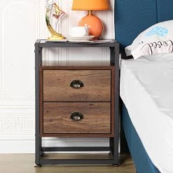 Nightstand, Modern Tempered Glass End Table, Cabinet with Drawers and Rustic Shelf, Brown,23.6"Tx13.8"Wx15.7"L by VECELO -Camaflexi Shop brown vecelo nightstands khd jyx ns08 brn 66 1000