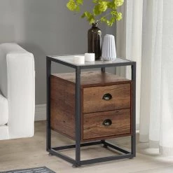 Nightstand, Modern Tempered Glass End Table, Cabinet with Drawers and Rustic Shelf, Brown,23.6"Tx13.8"Wx15.7"L by VECELO -Camaflexi Shop brown vecelo nightstands khd jyx ns08 brn c3 1000