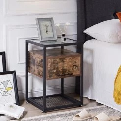 Brown End Table with Flip Drawer, Open Storage Shelf, Tempered Glass Night Stands 23.6 in. H x 15.7 in. W x 15.7 in. D by VECELO 17 Brown End Table with Flip Drawer, Open Storage Shelf, Tempered Glass Night Stands 23.6 in. H x 15.7 in. W x 15.7 in. D by VECELO -Camaflexi Shop brown vecelo nightstands khd jyx nt07 brn 31 1000