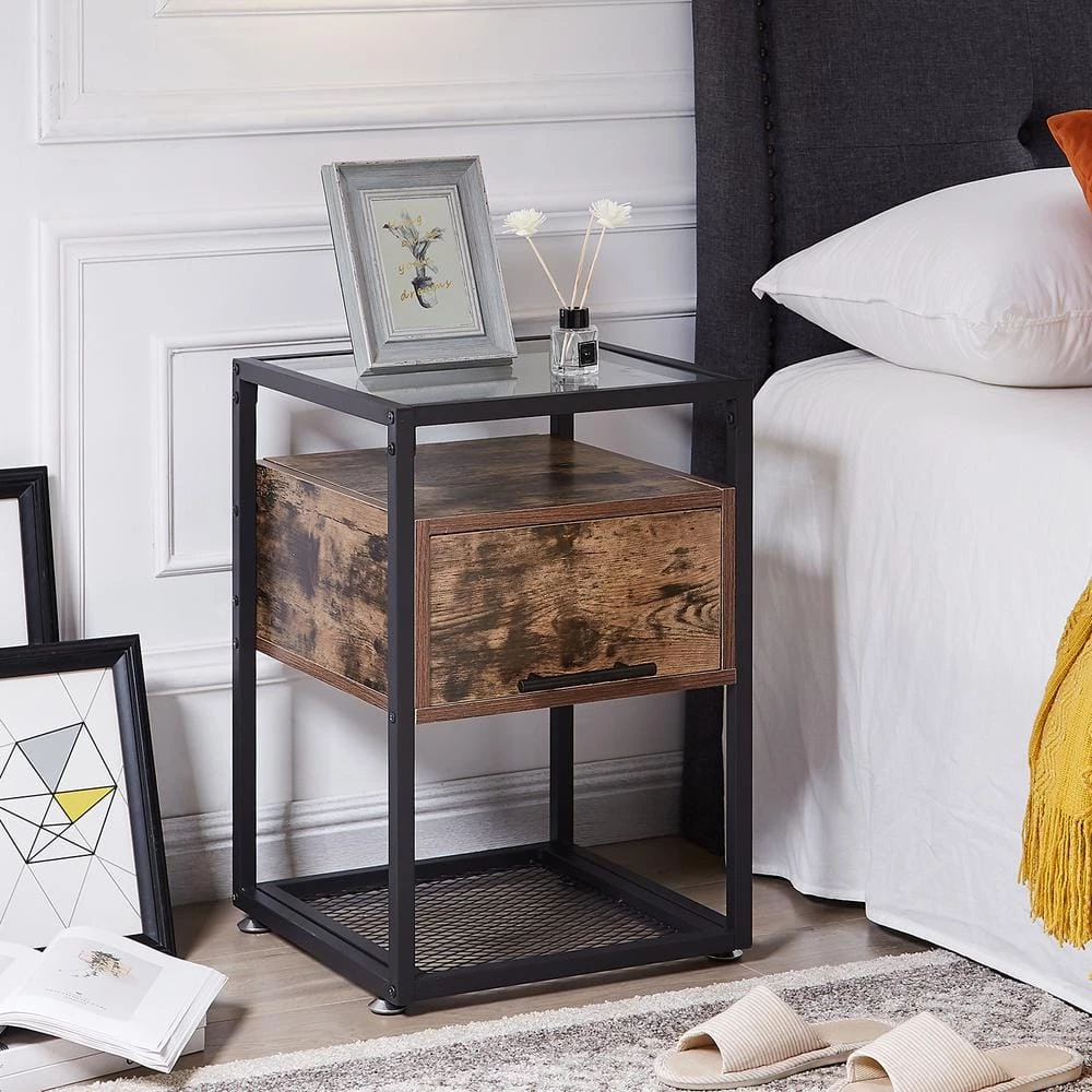 Brown End Table with Flip Drawer, Open Storage Shelf, Tempered Glass Night Stands 23.6 in. H x 15.7 in. W x 15.7 in. D by VECELO 10 Brown End Table with Flip Drawer, Open Storage Shelf, Tempered Glass Night Stands 23.6 in. H x 15.7 in. W x 15.7 in. D by VECELO - Image 8