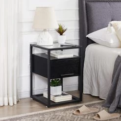 Brown End Table with Flip Drawer, Open Storage Shelf, Tempered Glass Night Stands 23.6 in. H x 15.7 in. W x 15.7 in. D by VECELO 15 Brown End Table with Flip Drawer, Open Storage Shelf, Tempered Glass Night Stands 23.6 in. H x 15.7 in. W x 15.7 in. D by VECELO -Camaflexi Shop brown vecelo nightstands khd jyx nt07 brn 44 1000