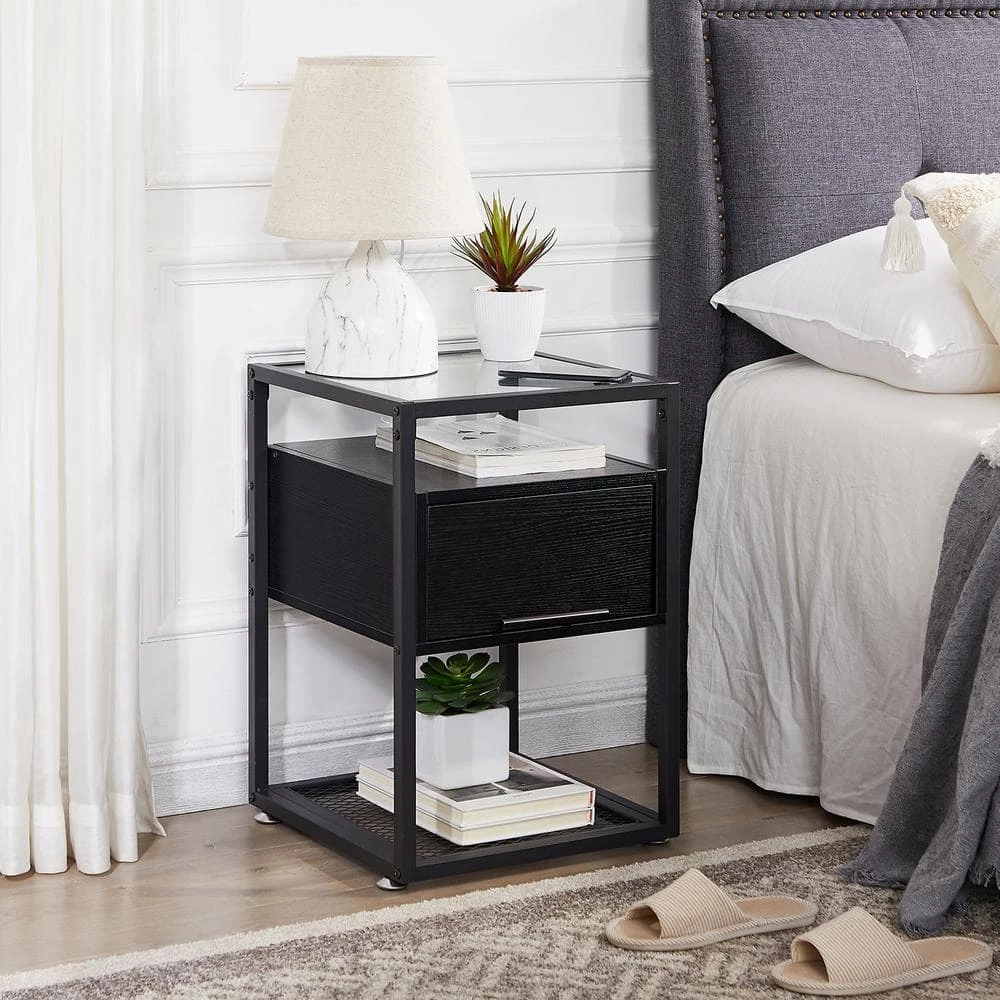 Brown End Table with Flip Drawer, Open Storage Shelf, Tempered Glass Night Stands 23.6 in. H x 15.7 in. W x 15.7 in. D by VECELO 8 Brown End Table with Flip Drawer, Open Storage Shelf, Tempered Glass Night Stands 23.6 in. H x 15.7 in. W x 15.7 in. D by VECELO - Image 6
